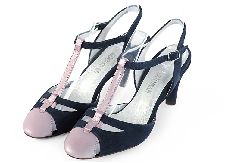 Dusty rose pink and navy blue women's open back T-strap shoes. Round toe. Medium slim heel. Front view - Florence KOOIJMAN